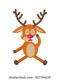 Cute deer wipes tears cartoon. Upset horned reindeer seating and crying with handkerchief in hand flat vector illustration isolated on white background. For icon, emotion concepts, web design