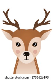 Cute deer. Woodland forest animal. Poster for baby room. Childish print for nursery. Design can be used for fashion t-shirt, greeting card, baby shower. Vector illustration.