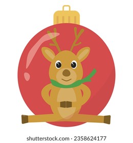 Cute deer in yoga pose in a New Year's ball, Christmas toy for the Christmas tree, creative, unusual, Christmas Eve, deer for the design of cards for the New Year, vector illustration, 10 EPS