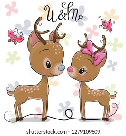 Cute Deers boy and girl on a hearts background