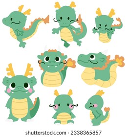 Cute deformed dragon color illustration set for New Year's greeting cards for the Year of the Dragon