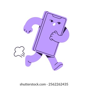 Cute delayed smartphone mascot is rushing, hurry up. Funny mobile phone runs fast to get in time. Busy telephone is late, overdues deadline. Flat isolated vector illustration on white background