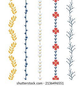 Cute Delicate Botanicals Vector Seamless Vertical Decorative Borders Set