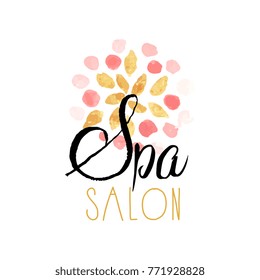 Cute delicate logo design with abstract pattern for spa salon. Label with gentle colors. Skin care, healthcare and wellness concept.