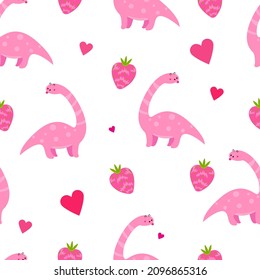 Cute delicate pink pattern with dinosaurs and strawberries