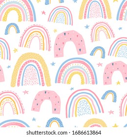 Cute, Delicate Seamless Pattern With A Rainbow On A White Background In Pastel Color. Illustration For Children's Room Design, Wallpaper, Textiles, Fabric, Packaging Paper. Vector