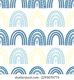 Cute, delicate seamless pattern with a rainbow on a white background. Doodles. Rainbow, stripes, dots, hearts. Illustration for the design of a children's room, wallpaper, textiles, fabric. Wrapping p