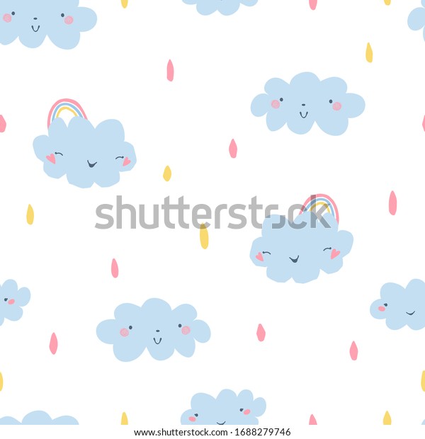 白い背景にパステルカラーで かわいくて繊細なシームレスな模様で 虹 雲 雨滴 子ども用の部屋デザイン 壁紙 織物 布地のイラスト ベクター画像 のベクター画像素材 ロイヤリティフリー