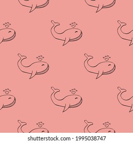 Patrón delicado y delicado, sin fisuras, con las ballenas en fondo rosado. Ilustración infantil vectorial para el diseño de habitaciones para niños, ropa, papel de envoltura de regalo.
