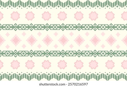 Cute and delicate seamless pixel pattern with floral and geometric motifs. Pink, green, and beige color palette. Suitable for children's products, home decor, digital backgrounds, and pixel art.