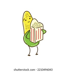 A cute and delicious cartoon character of corn is holding a big bag of popcorn.