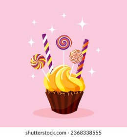 Cute delicious chocolate cupcake with lemon cream, candies on a pink background. Cartoon sweet pastries with cream. Background with food for menu, card, invitation, holiday. Vector illustration.