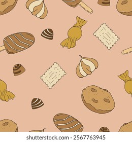 cute, delicious cookies, crackers, ice cream, chocolates, candies on a brown background, vector seamless endless pattern, cute design element