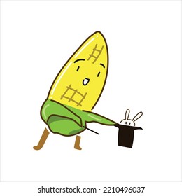 Cute and delicious corn cartoon character doing magic. Summons a rabbit out of a hat.
