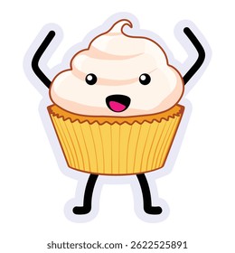 Personagem de sobremesa bonito e delicioso cupcake com rosto sorridente isolado em fundo branco. Mascote de padaria divertido e doce. Ilustração vetorial