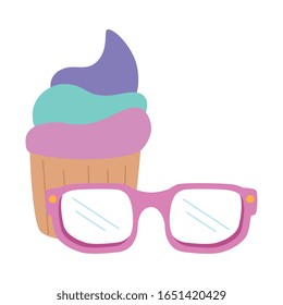 lindo y delicioso quequito con anteojos diseño de ilustración vectorial