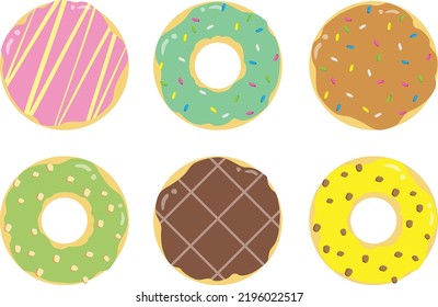 Cute delicious donuts set of 6 isolated on white background