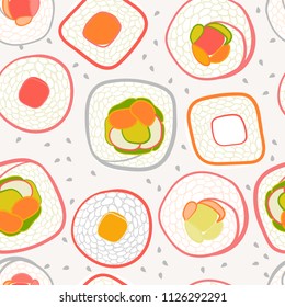 Cute delicious japanese sushi vector repeating pattern in scandinavian style