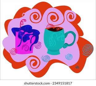 A cute delicious pink and blue cake and a turquoise cup of hot coffee on a vintage background.  This cartoon illustration can be used as a logotype for cafes, bars, baking shops. Vector, isolated.