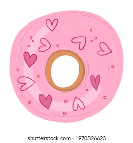 Cute delicious sweet donut with strawberry flavor and hearts.Vector hand drawn cartoon