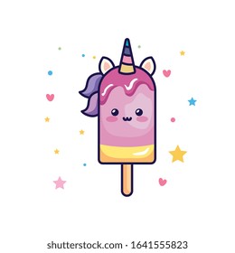cute and delicious unicorn ice cream kawaii style vector illustration design