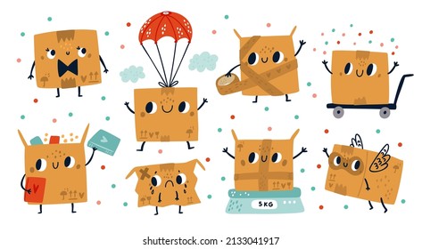 Cute delivery box characters. Cartoon cardboard containers with happy faces. Postal packages. Parcels poses and different actions. Express shipping. Order packaging