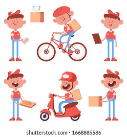 Cute delivery boy characters vector cartoon set isolated on a white background.