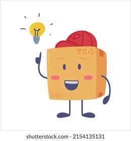 Cute Delivery Cardboard Box Character in Red Cap with Light Bulb Having Idea Vector Illustration