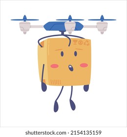 Cute Delivery Cardboard Box Character Carried by Drone Vector Illustration