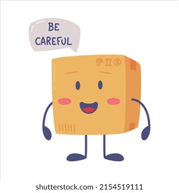Cute Delivery Cardboard Box Character Saying Be Careful Vector Illustration