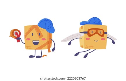 Cute Delivery Cardboard Box Character in Blue Cap Flying with Wings and Holding Tape Vector Set