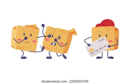 Cute Delivery Cardboard Box Character Fighting and Holding Plastic Bank Card Vector Set