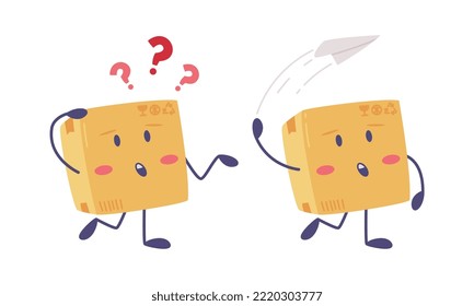 Cute Delivery Cardboard Box Character Asking Question and Flying Paper Plane Vector Set