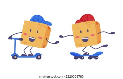 Cute Delivery Cardboard Box Character in Blue Cap Riding Kick Scooter and Skateboard Vector Set