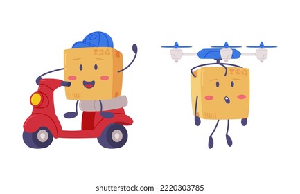 Cute Delivery Cardboard Box Character Riding Scooter and Flying with Quadrotor Vector Set