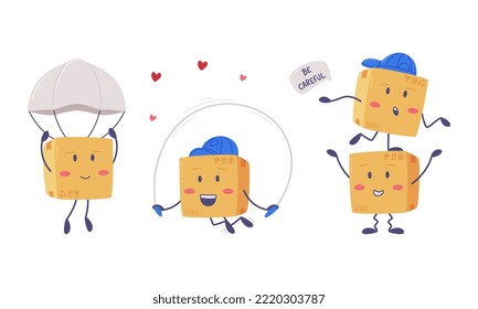 Cute Delivery Cardboard Box Character Flying with Parachute and Skipping Rope Vector Set