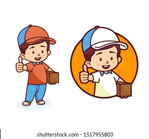Cute delivery courier carrying package thumbs up mascot character, vector logo illustration