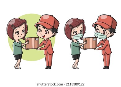 Cute Delivery Courier to Customer Cartoon Vector Illustration