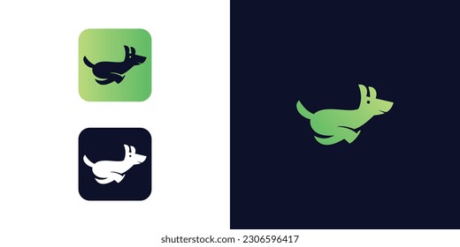 Cute Delivery Dog logo vector illustration. Fast jumping dog logo vector. Dog jumping logo template isolated on white background