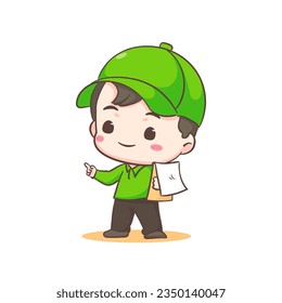 Cute Delivery Man adorable cartoon character. Courier wearing uniform and hat delivery package. People Profession concept design. Isolated white background. Vector illustration