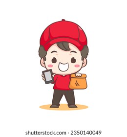 Cute Delivery Man adorable cartoon character. Courier wearing uniform and hat delivery package. People Profession concept design. Isolated white background. Vector illustration