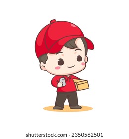 Cute Delivery Man adorable cartoon character. Courier wearing uniform and hat delivery package. People Profession concept design. Isolated white background. Vector illustration