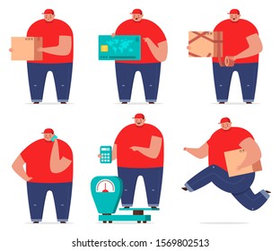 Cute delivery man characters with box vector cartoon set isolated on a white background.