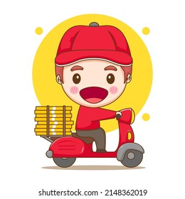 Cute delivery man delivers pizza with motorcycle. Cartoon illustration of chibi character isolated on white background.