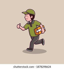 cute delivery man holding box by running fast