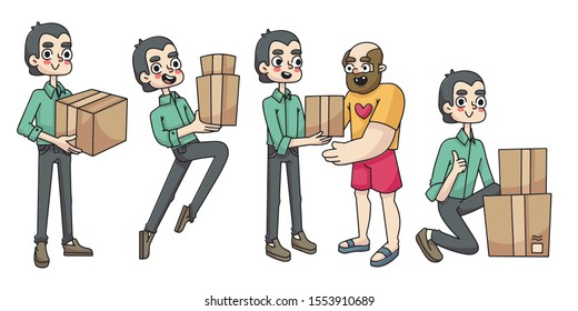 Cute delivery man holding boxes cartoon
