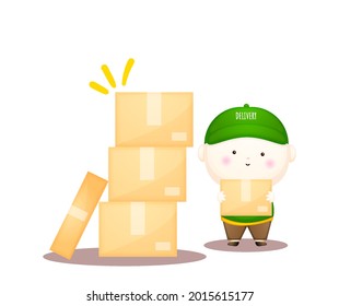 Cute delivery man holding parcel box Premium Vector