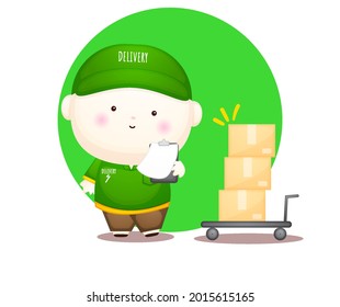 Cheque de orden de un repartidor corto Mascot personaje de caricatura Premium Vector