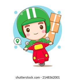 Cute delivery man riding motorcycle with packages. Cartoon illustration of chibi character isolated on white background.