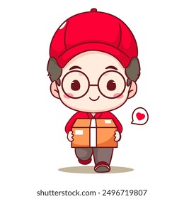 Cute Deliveryman Cartoon Vector. Man Courier wearing uniform and hat delivery package. People Profession concept design. Isolated white background.